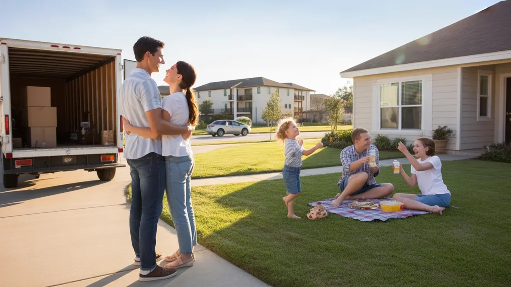 A couple stands in front of their new home in Mckinney, TX while a family enjoys a picnic next door and an apartment complex is visible in the distance.