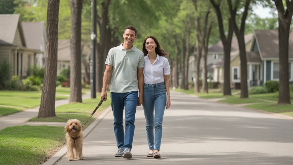 Couple walking dog on sidewalk in Monroe neighborhood