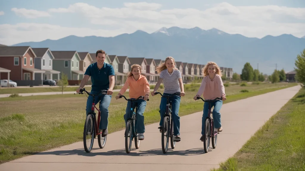 A family bikes together on a trail in Commerce City with mountains and townhomes in the background.