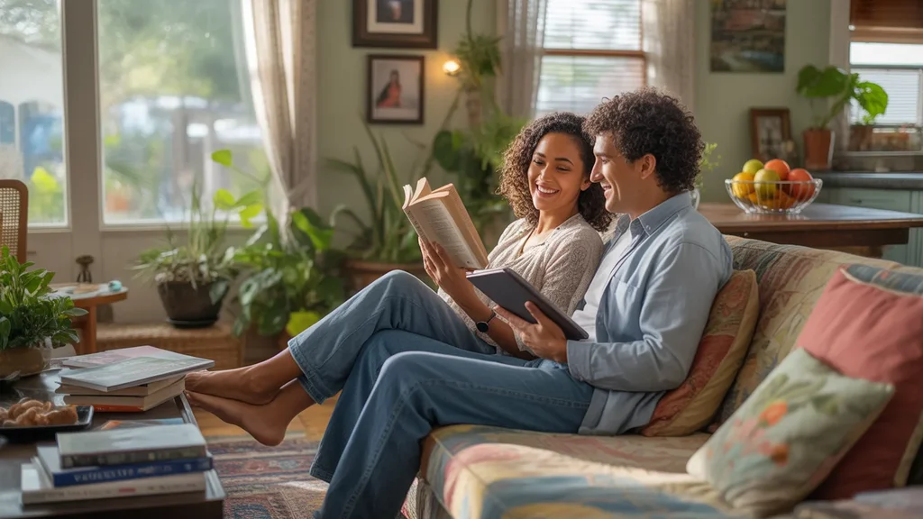 A couple enjoys a quiet moment together in the sunlit living room of their cozy Tampa home.