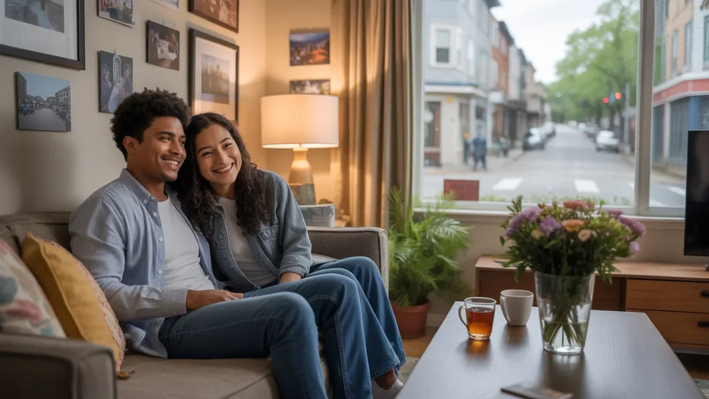 Couple relaxing on couch in warmly decorated Valley Station apartment living room