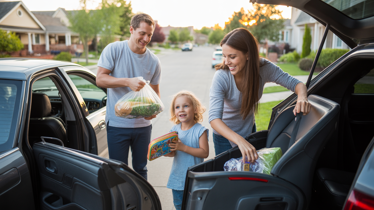 A family unloading groceries from their car in the driveway of their Lone Tree home at sunset.