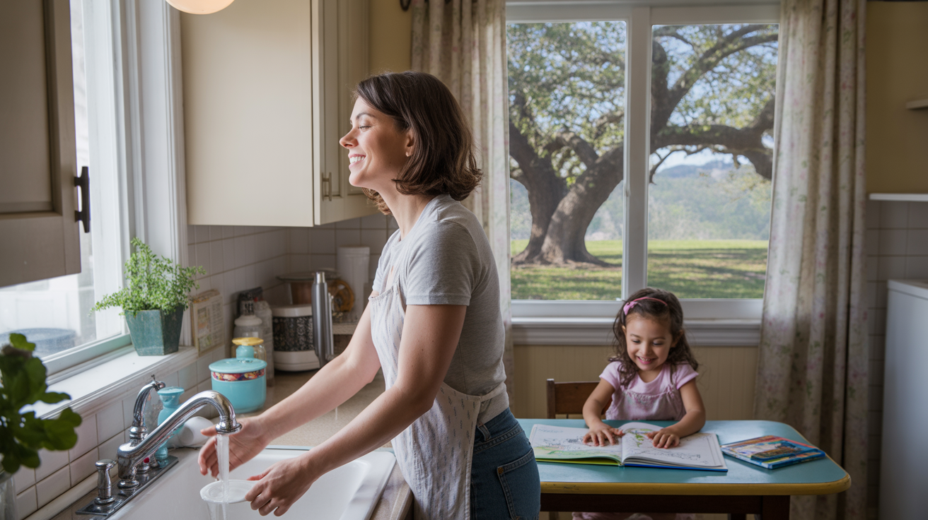 Woman washing dishes in sunlit kitchen while her daughter colors, enjoying a peaceful spring morning at home in Winter Park, FL
