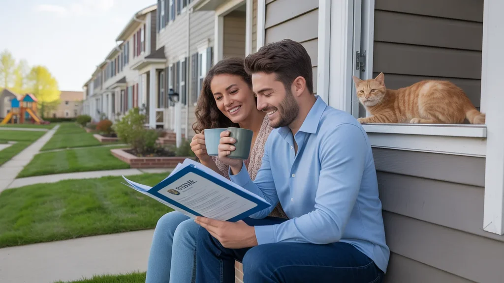 Couple reviews HOA papers on townhome steps in Versailles KY