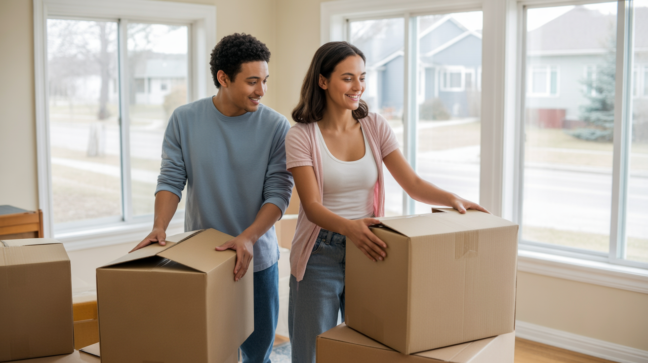 A couple unpacks in their new Northglenn home, with an open living room and suburban views.