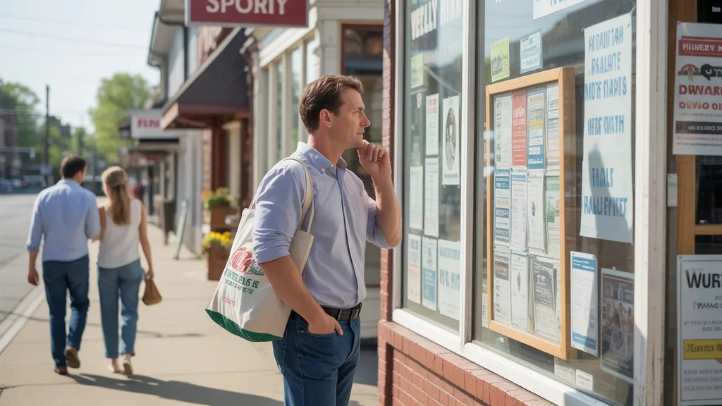 Man looking at rental property listings on bulletin board outside local grocery store in Valley Station, KY