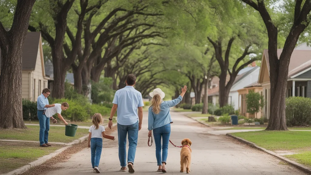 Family walks dog through peaceful New Braunfels neighborhood on a sunny day.