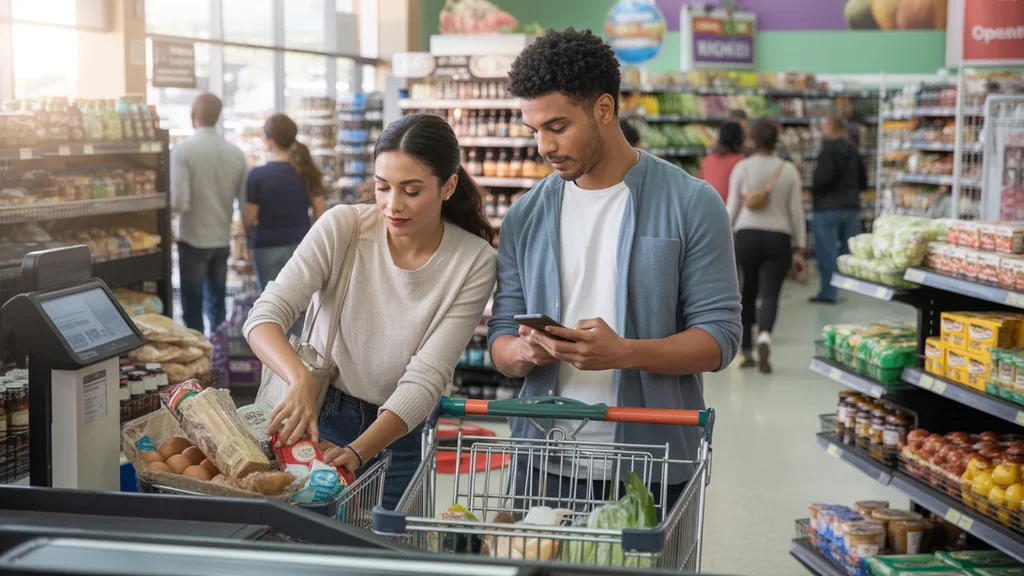 A couple unloading groceries at the checkout counter of a neighborhood store in Santa Ana, CA.