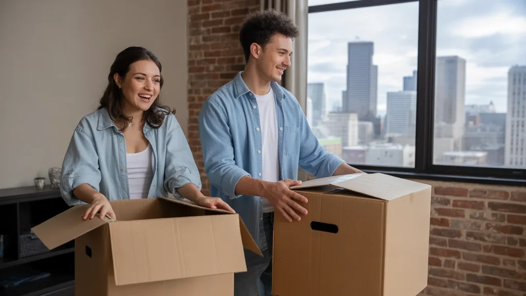 Couple unpacks in new Portland apartment with city view