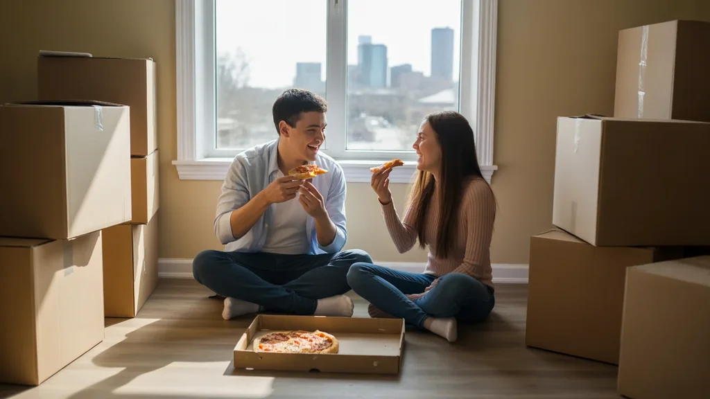 Couple eating pizza on floor of empty Broomfield apartment, moving boxes stacked around them
