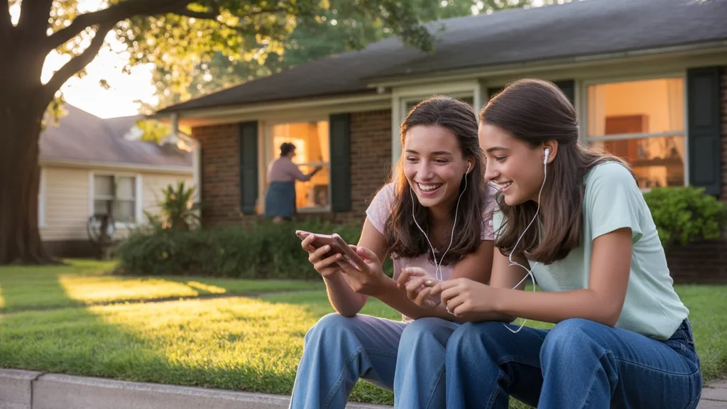 Two teenage girls sharing earbuds while watching a video on a smartphone, sitting on the front steps of a house in Gastonia, NC at sunset.