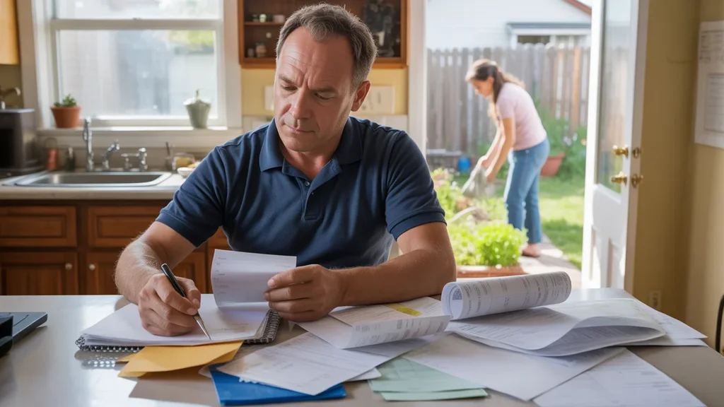 Man reviewing utility bills and receipts at kitchen table in Centennial, CO home