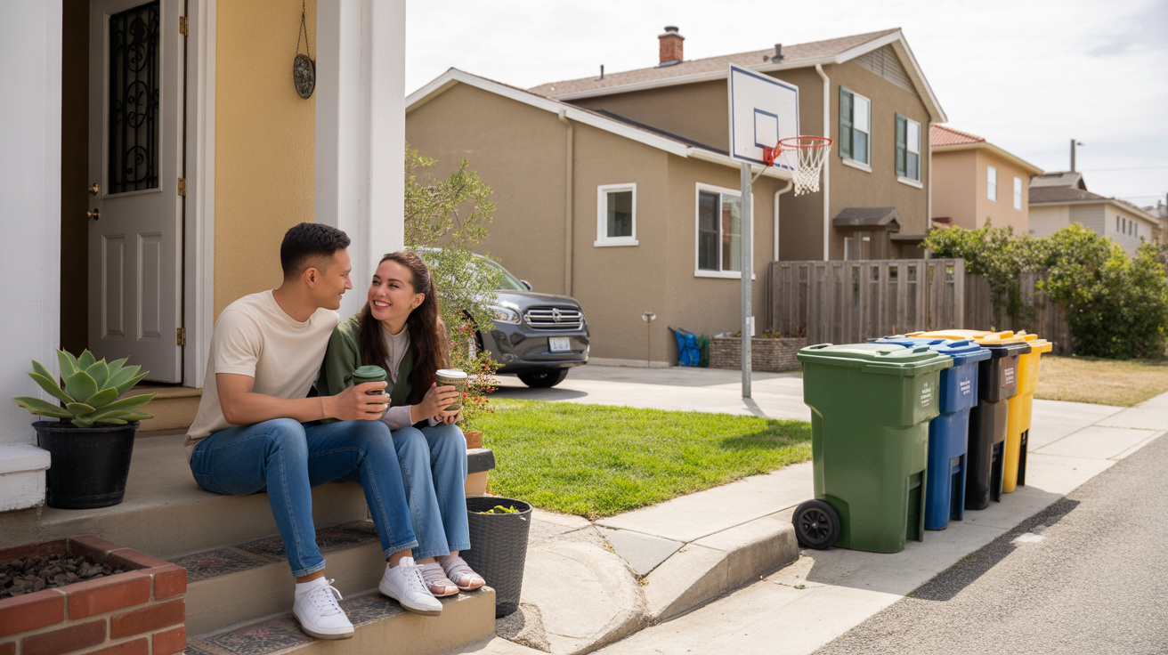 Couple sitting on townhouse steps in Westminster, CA neighborhood