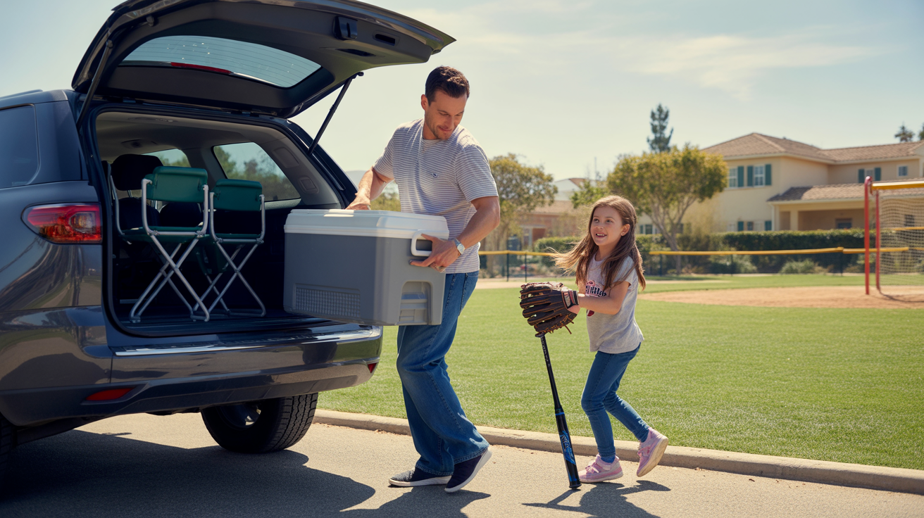 Father loading sports gear into SUV while daughter waits eagerly in Mission Viejo park