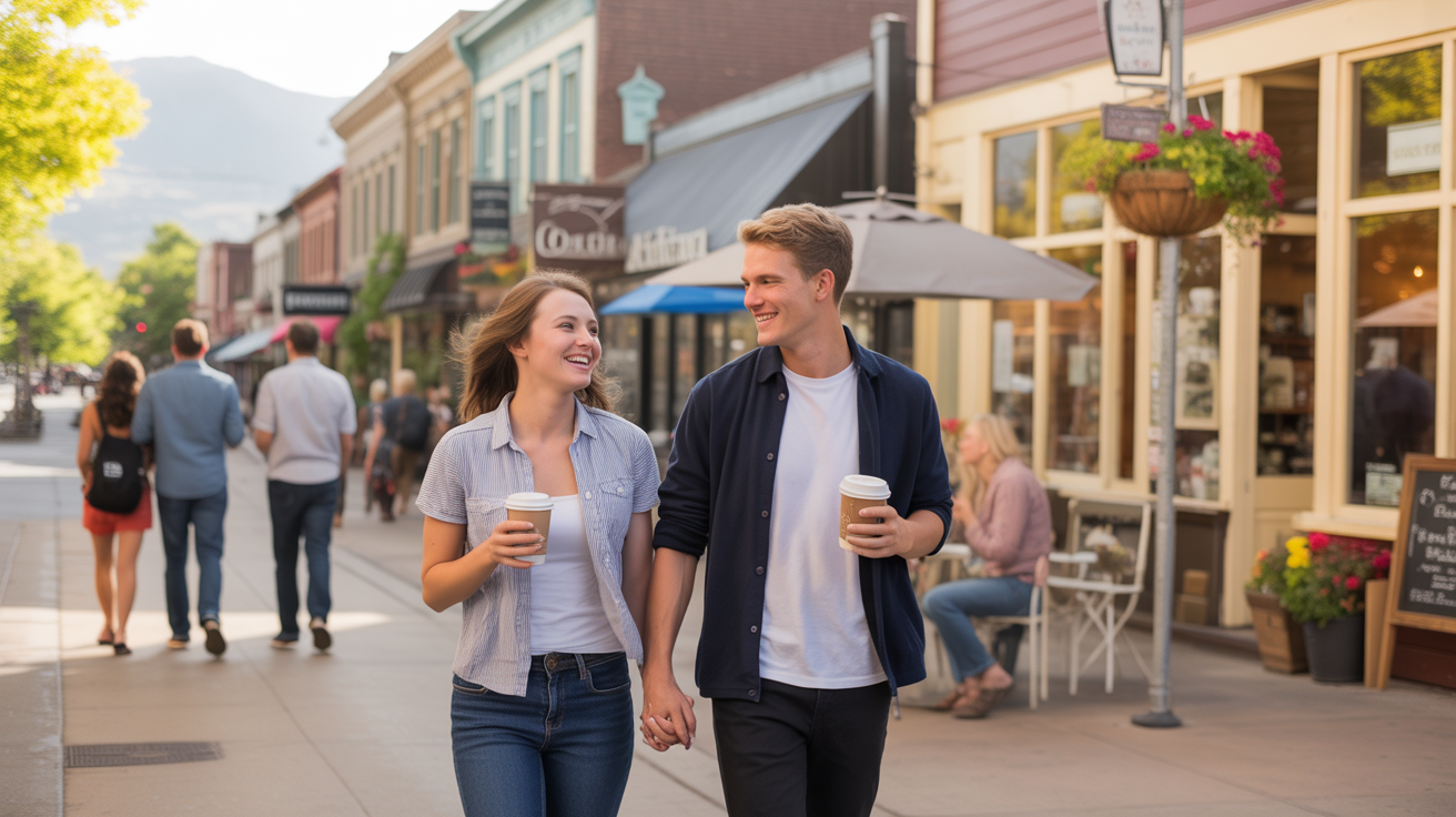 Couple walking down Washington Avenue in Golden, Colorado at sunset