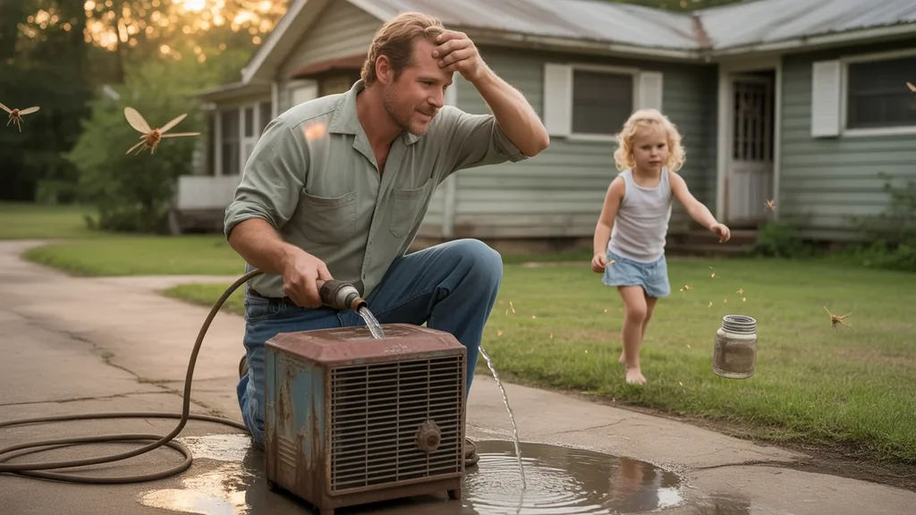 Man refilling swamp cooler in driveway of modest Nashville home on summer evening