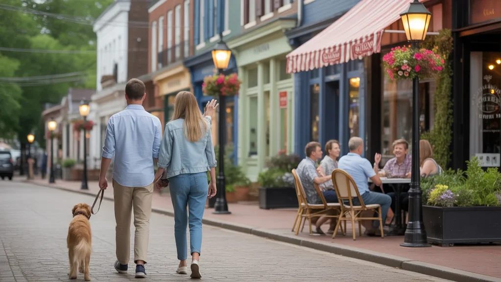 Couple walking dog in downtown Versailles, Kentucky at dusk