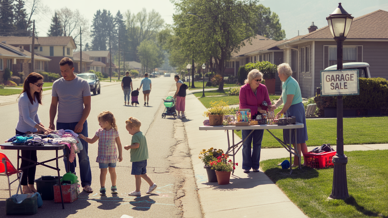 A young family holds a garage sale in their driveway across the street from a retired couple's condo yard sale on a sunny suburban morning in Northglenn, Colorado.