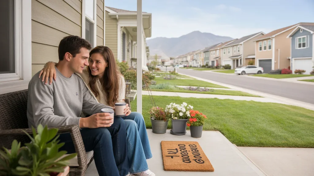 Couple drinking coffee on townhome porch in Sandy, Utah neighborhood