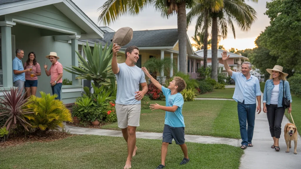 Father and son playing catch in front yard of Tampa home at sunset, surrounded by tropical plants and friendly neighbors.