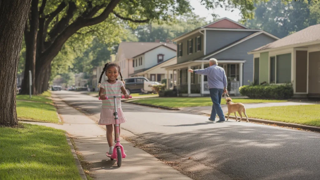 A girl rides a scooter past a mix of houses and apartments on a residential street in Nicholasville, Kentucky.