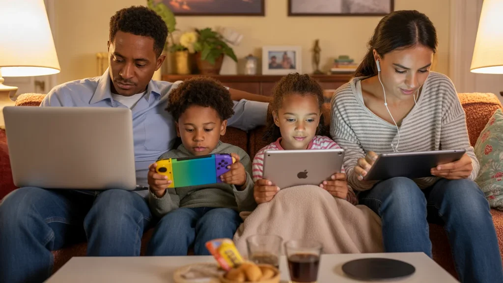 Family of four using digital devices together in living room
