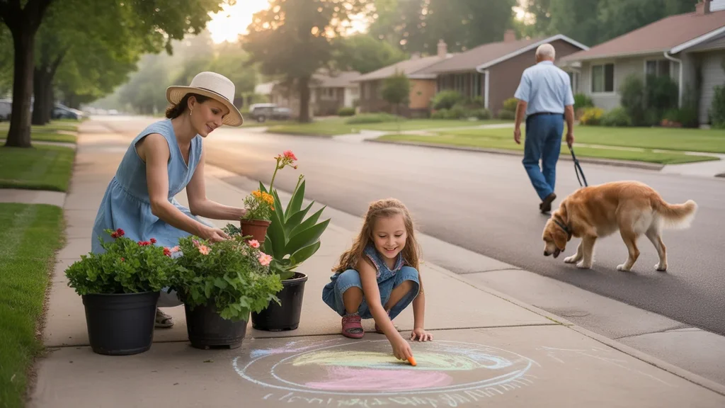A woman waters potted plants in her Lakewood front yard as her daughter plays and a neighbor walks his dog on a peaceful suburban street.