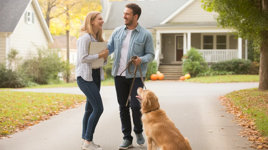 Two smiling neighbors chatting in a driveway with a dog in a leafy Nashville suburb