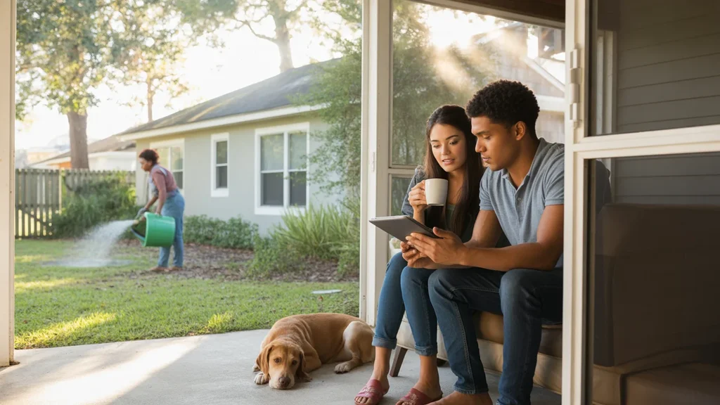 Couple reviewing monthly budget on back porch in Orlando suburb