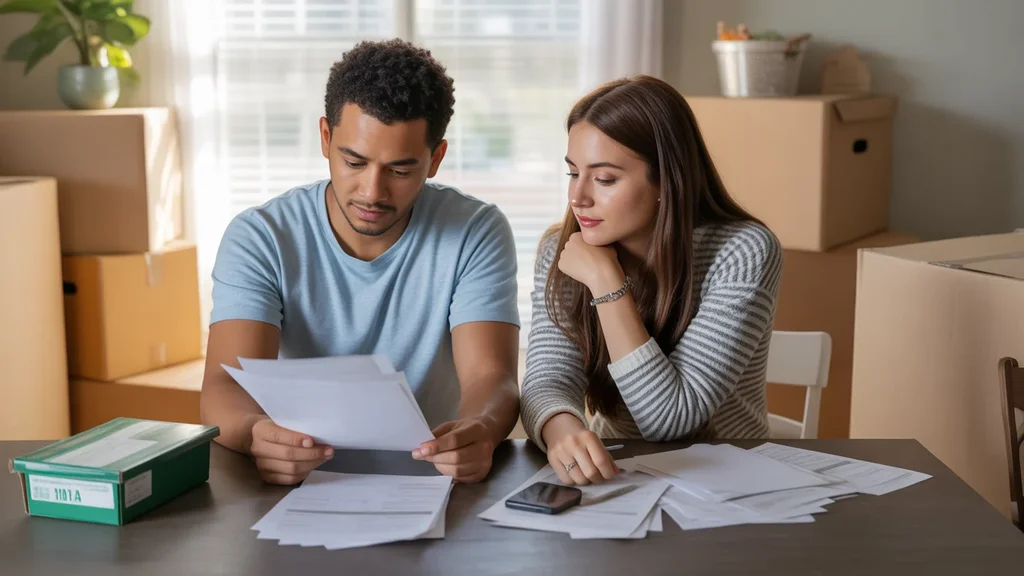 Couple reviewing bills and fees in new Marietta home