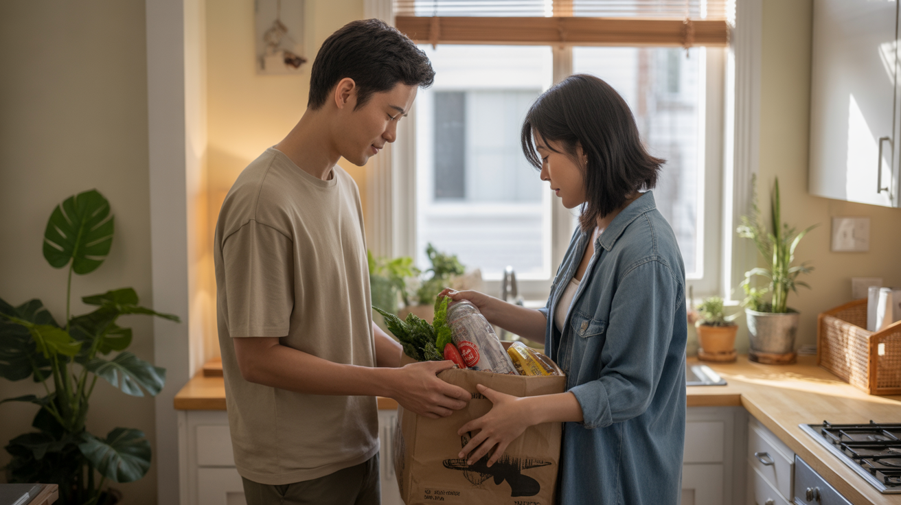 Couple unpacks affordable groceries in their Westminster apartment kitchen