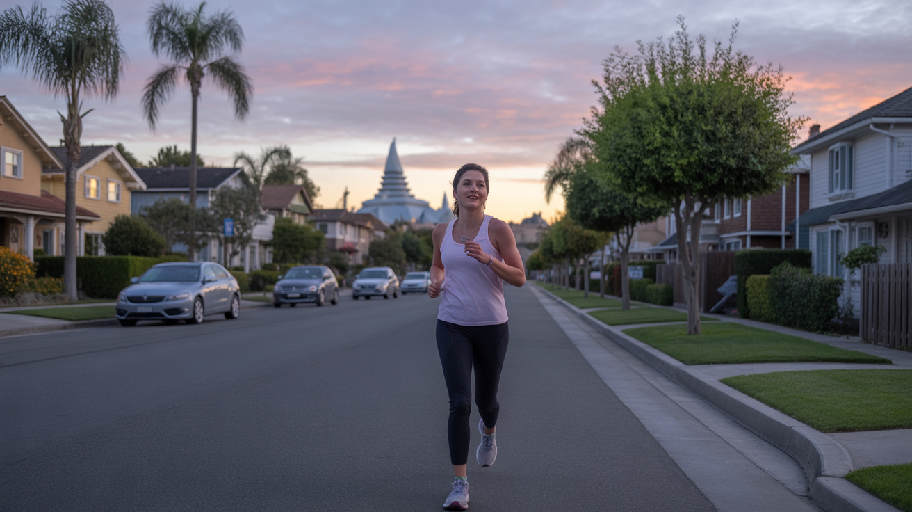 Woman pauses during morning jog in Garden Grove with Disneyland in distance