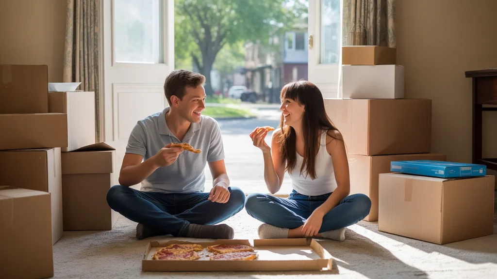 A couple eating pizza on the floor of their new empty house in Midwest City, Oklahoma, surrounded by moving boxes.