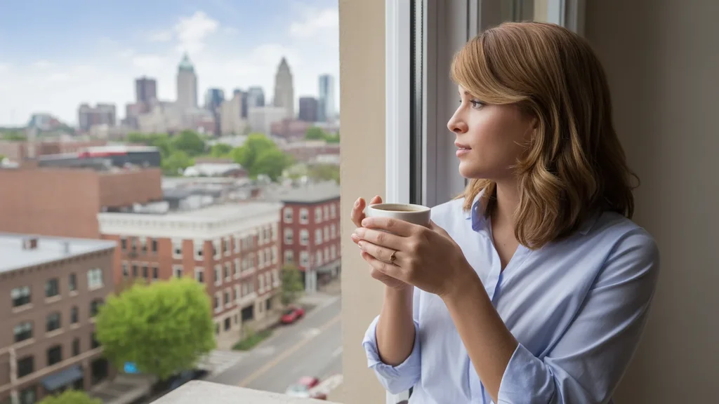 A woman looks out at the Georgetown, KY skyline from her apartment with a thoughtful expression.