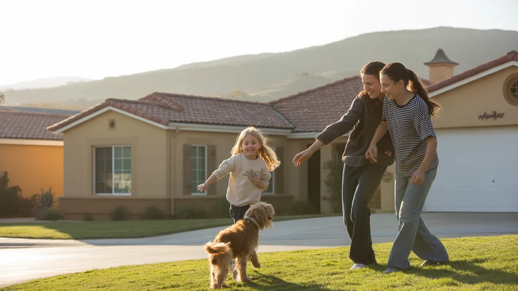 Family outside their suburban Murrieta home at sunset