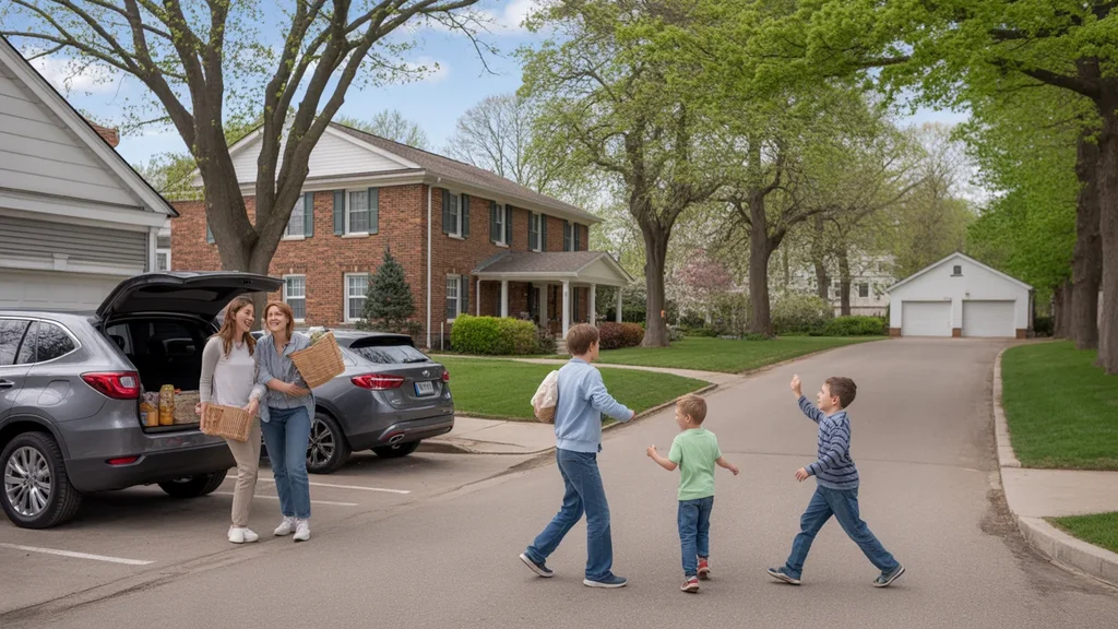 Contrasting street view of a condo building and single-family home in a Naperville neighborhood