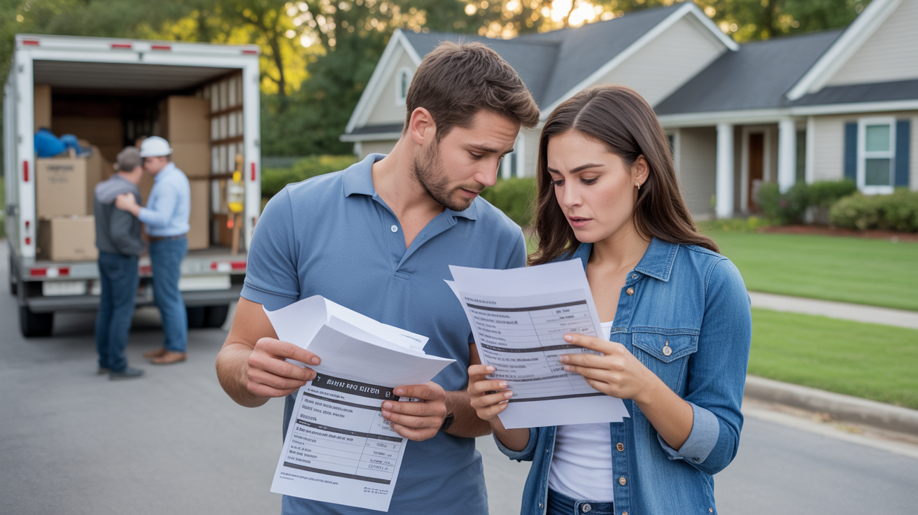 Couple reviewing bills and fees while moving into new home in Murfreesboro neighborhood