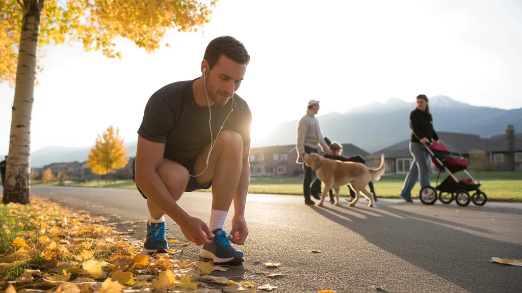 A runner ties his shoes on a Sandy walking trail on an autumn morning
