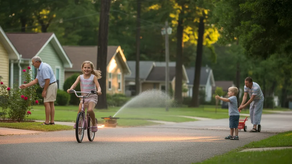 A young girl rides her bike on a tree-lined street in Gastonia, NC at sunset as neighbors go about their evening routines.