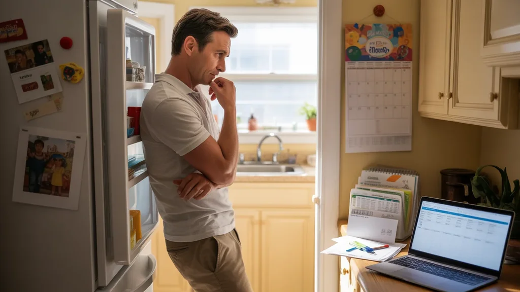 A dad looking in the refrigerator while reviewing utility bills and budgets in the kitchen.