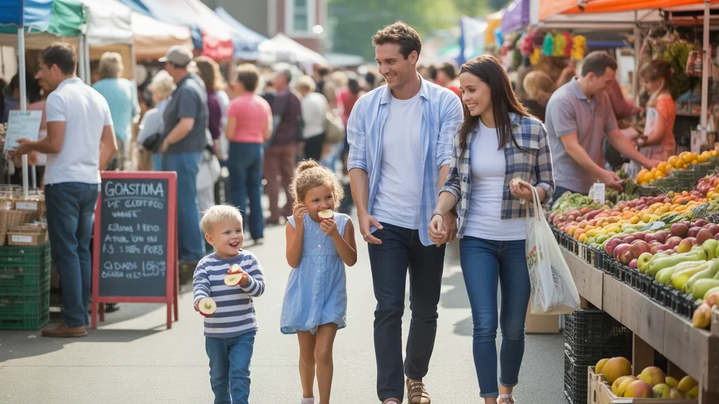 A family shopping for fresh produce at a farmers market in Gastonia, North Carolina