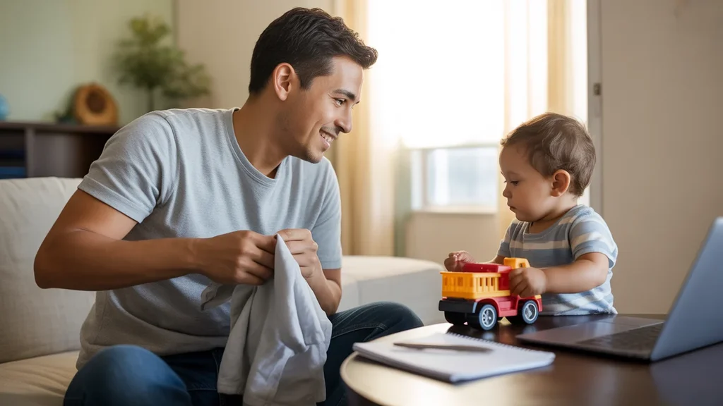 Father folding laundry while young son plays in Santa Ana apartment living room