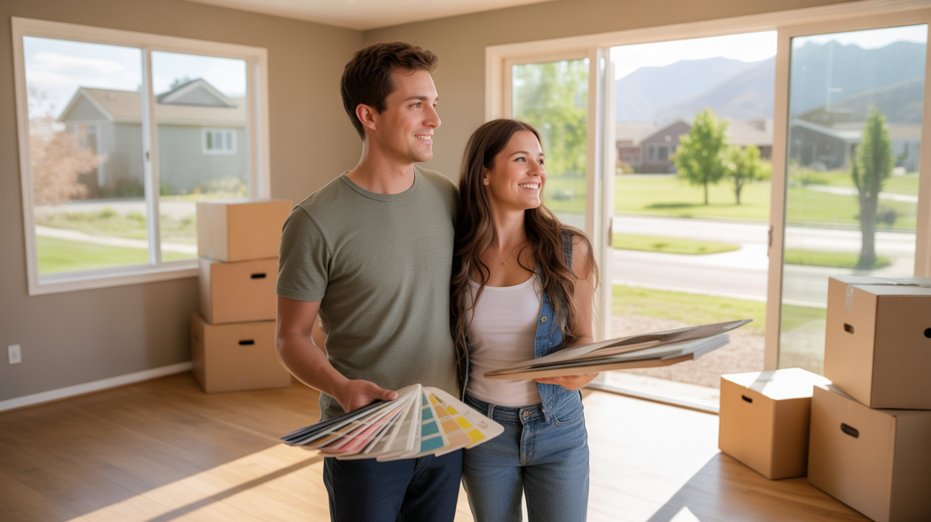 A couple smiles in the living room of their new Lone Tree home, surrounded by moving boxes and paint swatches.