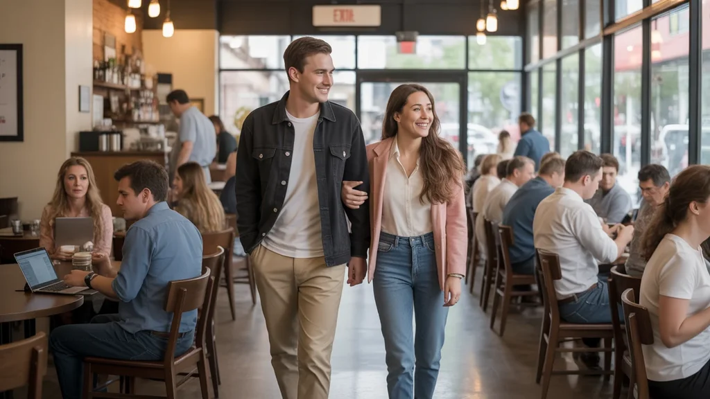 Couple enters busy upscale coffee shop in Raleigh on a sunny morning