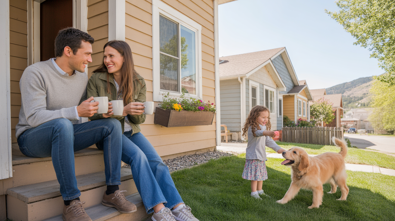 Couple chatting outside townhome next to house with girl and dog in Golden, Colorado