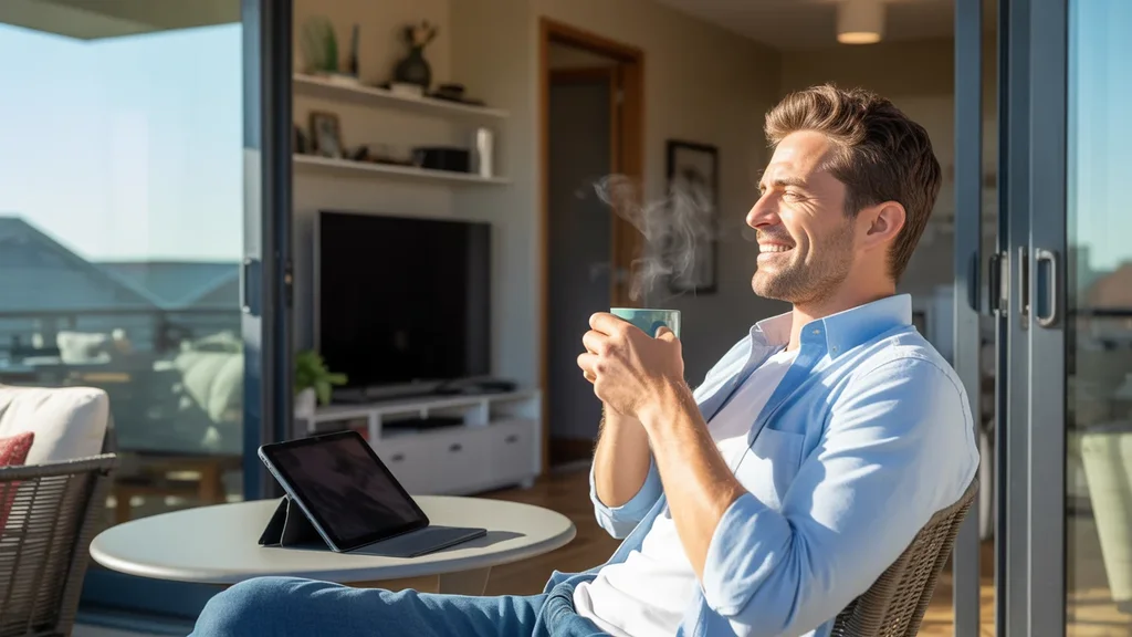 Man drinking coffee on balcony with tablet, representing affordable internet and streaming in Taylorsville, UT