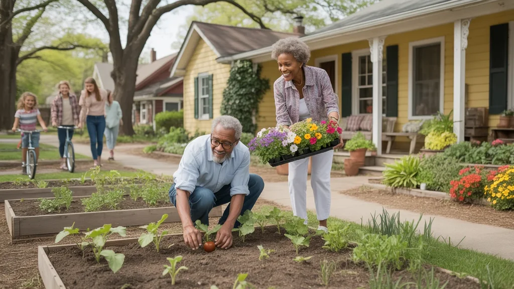 An older African American couple gardening together in the front yard of their Durham, NC home on a warm spring morning.