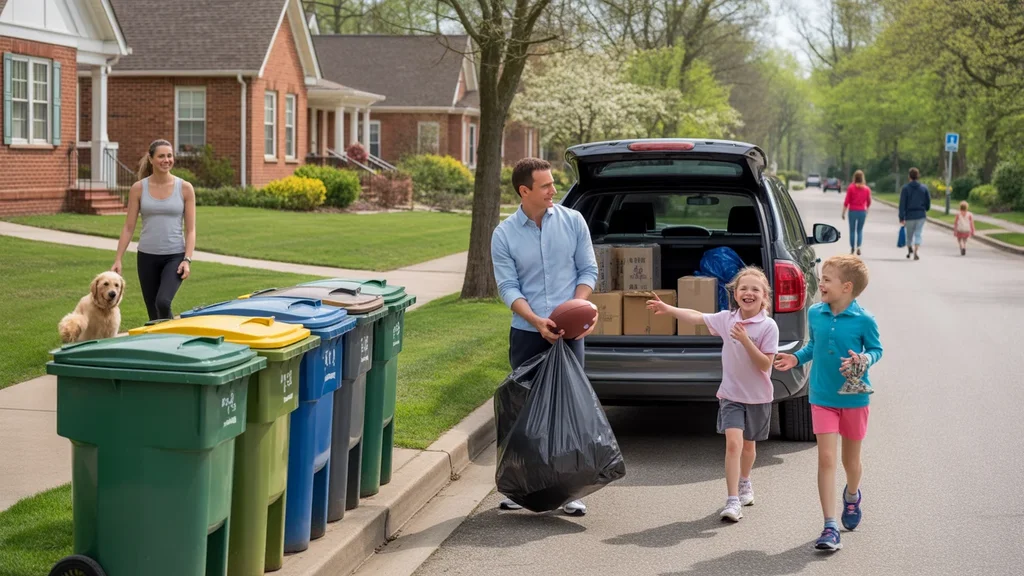 Trash bins line the curb in front of an apartment complex and single family home in an Apex neighborhood on a sunny spring day.