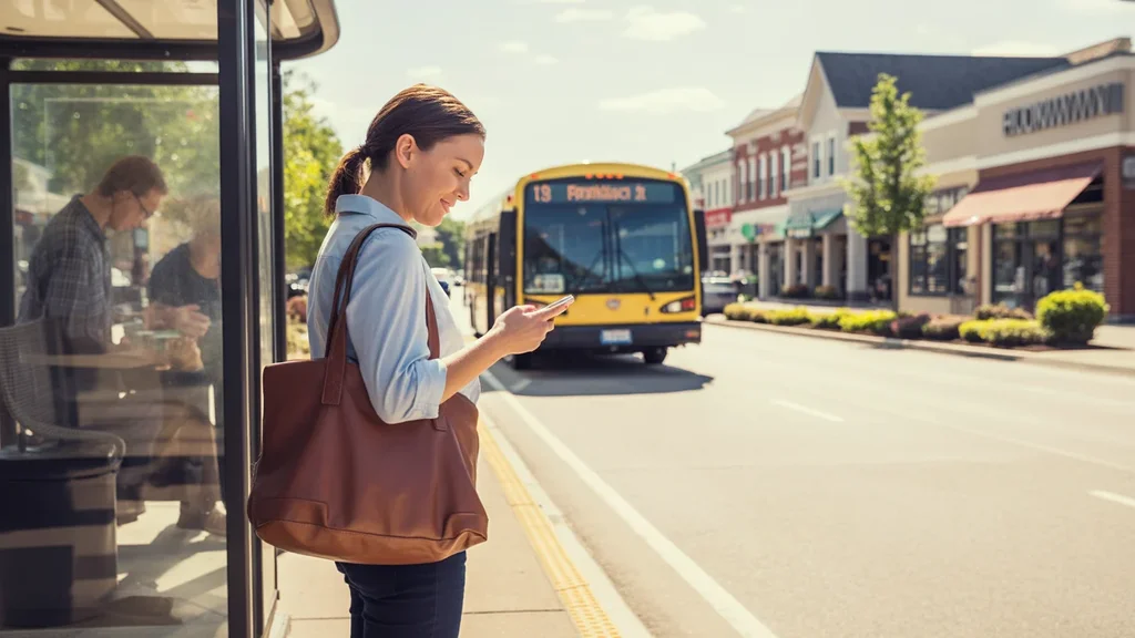 Woman standing at bus stop in front of suburban shopping center in Franklin, TN