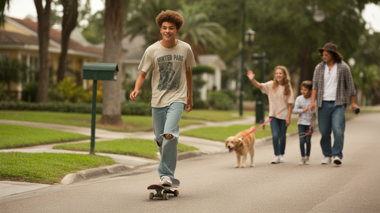 Teenage boy skateboarding past mailboxes on a tree-lined street in Winter Park, FL
